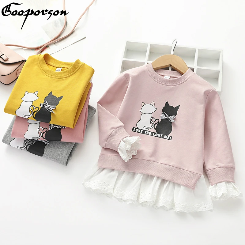 Осенний свитер для маленьких девочек Рубашка с длинными рукавами и принтом кота