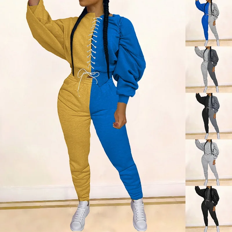 2020 Women Spring and Autumn Bandage Tracksuit Loose Two-piece Set Long Sleeve Elastic Waist Lace Up Placket Sportswear | Женская одежда