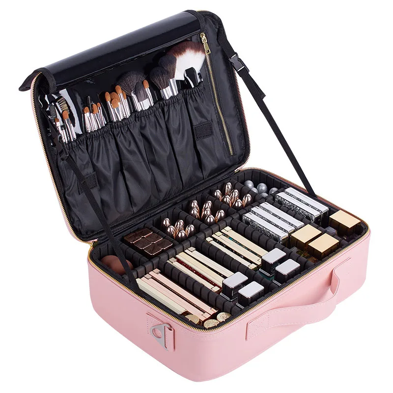 

Double-decker travel storage partition makeup bag pink portable waterproof PU large-capacity suitcase Korean minimalist