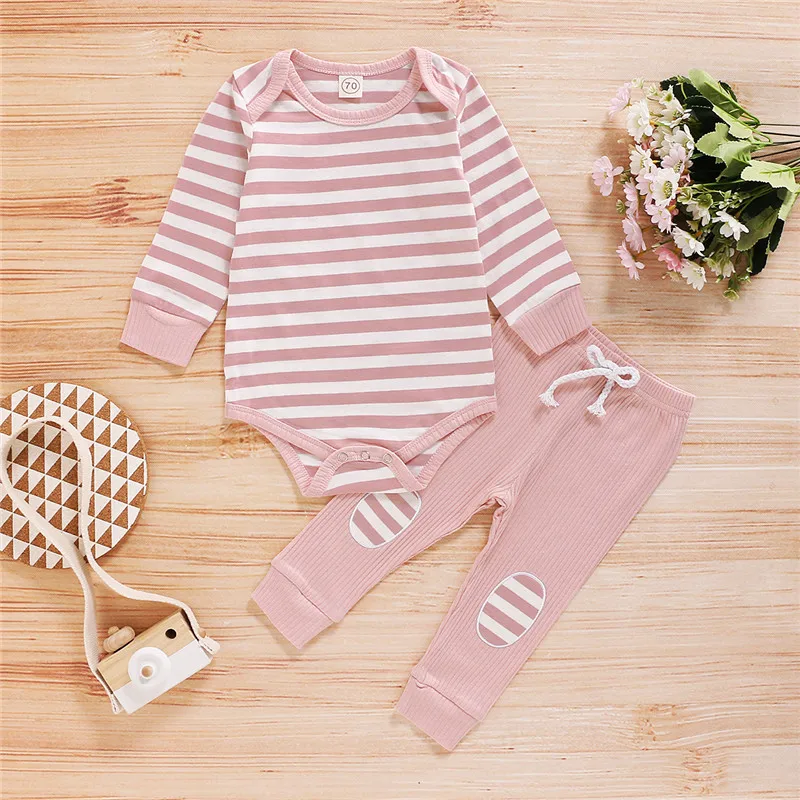 

Baby Girls Boys Outfit Spring Autumn Sweet Style Long Sleeve Round Collar Striped Romper + Patch Solid Color Long Pants Set
