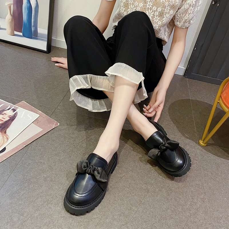 

MIYEDA Women Pumps Thick Heel Classica Riband Bowknot Female Leather Shoes Soft British Style Slip on Casual Penny Loafers