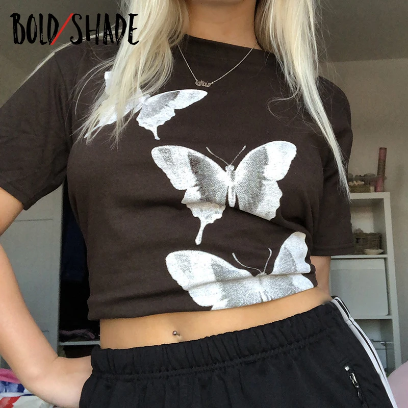 

Bold Shade Harajuku 2000s Aesthetic Fashion Tees Indie Y2K Butterfly Print Short Sleeve T-shirts Casual Women Summer 2021 Tshirt