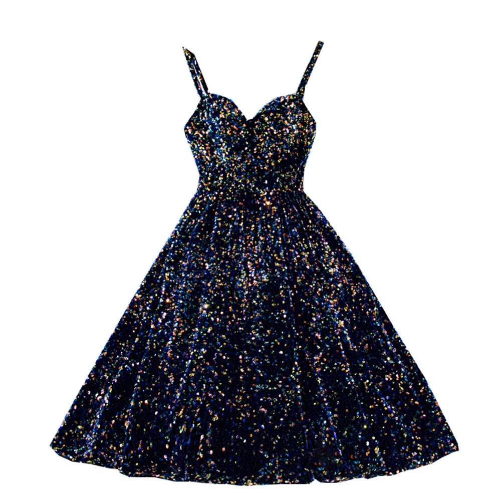 Новое Вечернее платье средней длины на бретелях с синими блестками сексуальное