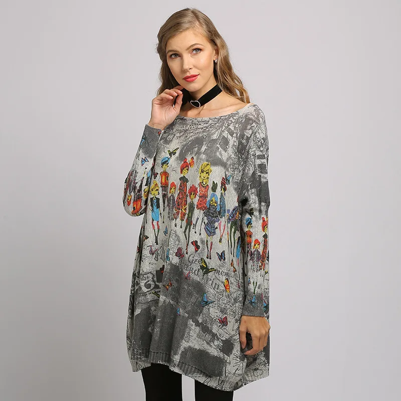 

Autumn new large size loose simple printed sweater bat sleeve pullover women