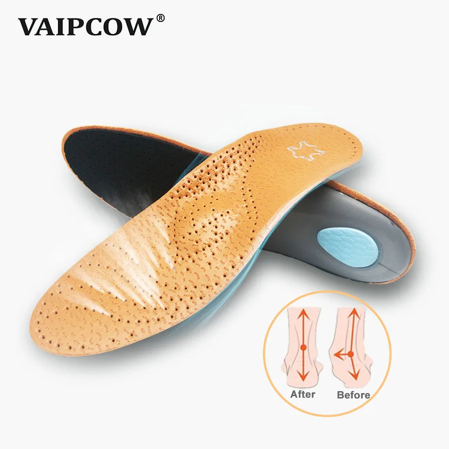 VAIPCOW 2 pairs High quality Leather orthotic insole for Flat Feet Arch Support orthopedic shoes sole Insoles for men and women