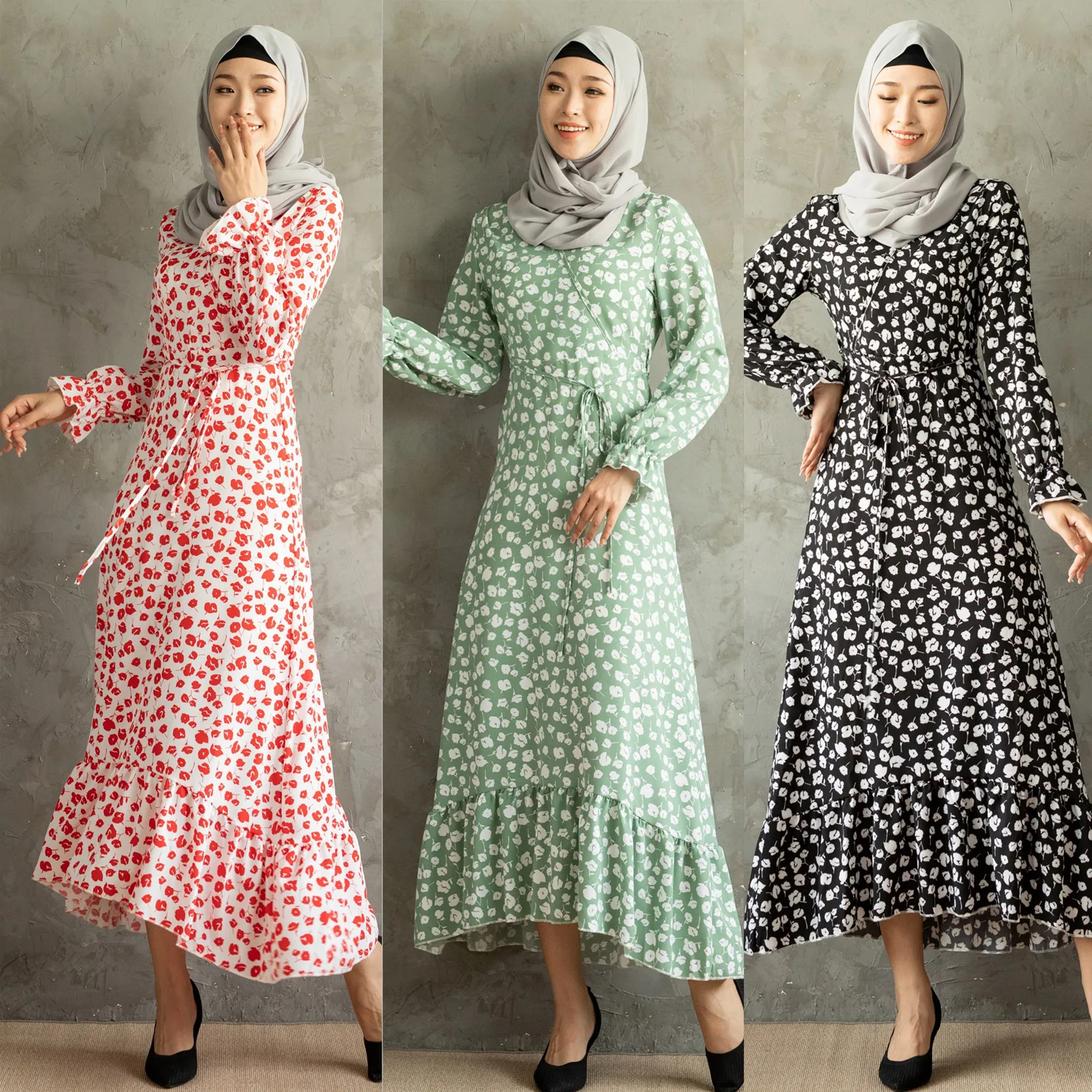 

Muslim new floral dress, long sleeve belt skirt, Malaysian women's dress