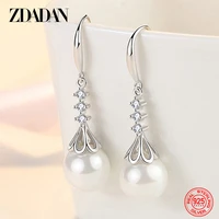 zdadan 925 sterling silver drop shaped pearl long dangle earring for women fashion wedding jewelry gift