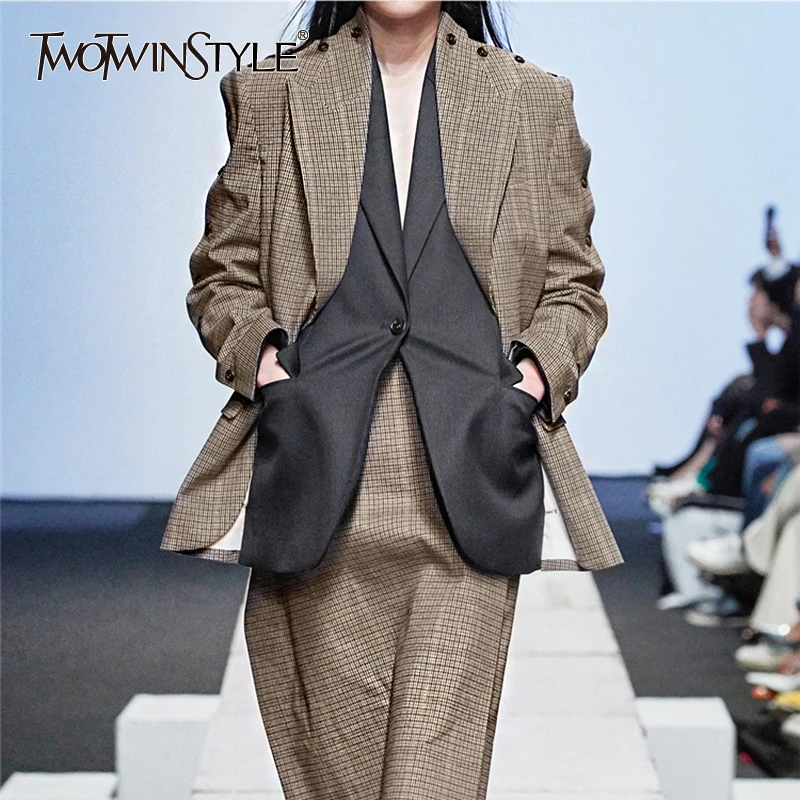 TWOTWINSTYLE корейский стиль, лоскутные женские блейзеры в клетку с зазубренным длинным рукавом и карманом, женские блейзеры, осенняя мода, OL новая одежда