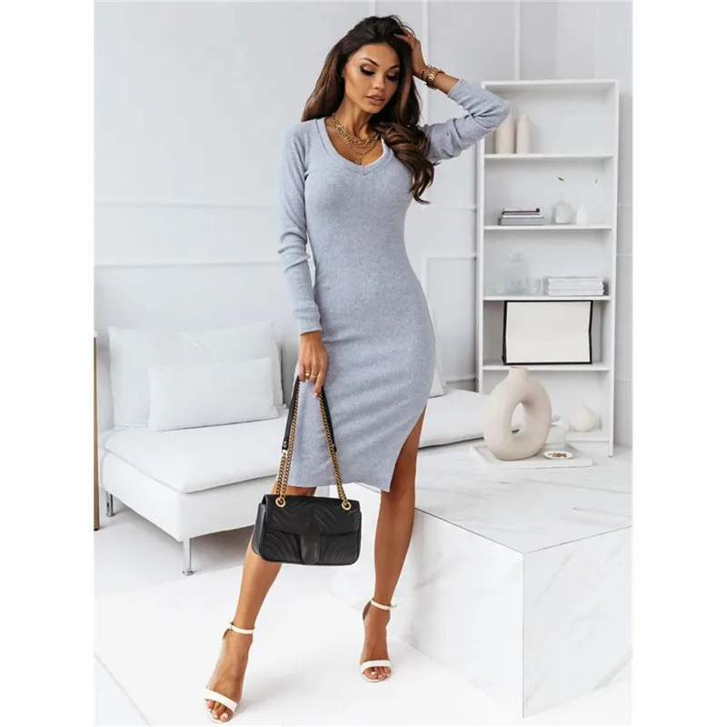 

Sleeve Bandage Lady V-neck Streetwear New Fashion Long Clothes Female Women's Midi Dresses Side Split Sexy Autumn Dress Bandage