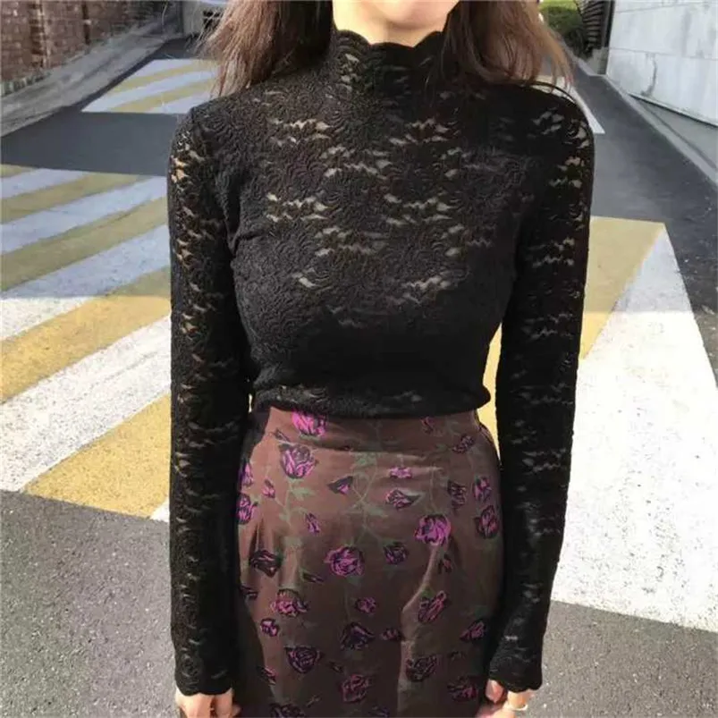 Осенняя и зимняя футболка высокая эластичная тонкая кружевная рубашка с узором