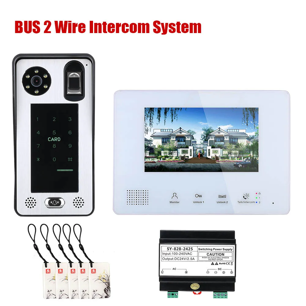 

7 Inch BUS 2 Wire Fingerprint Video Door Phone Intercom systems for home 1-doorbell camera 1-monitor Night Vision