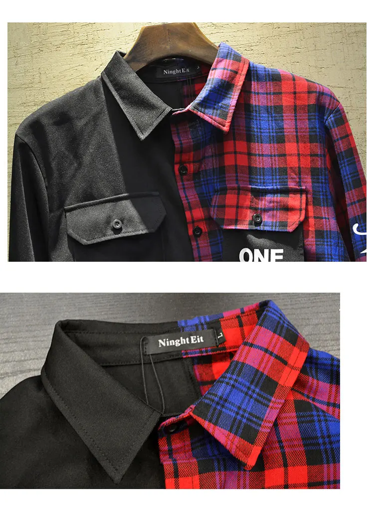 New Western Diablo Style Fashion Individuality Printed Plaid Patchwork Men's Long-Sleeved Shirts Hip Hop Autumn Streetwear Color