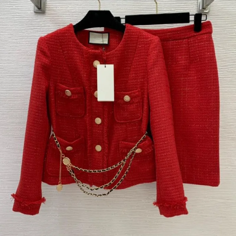 

High end Brand luxury designer fashion new style two 2 piece set clothes wool tweed long sleeve pocket coat + Skirt outfits~Gu8