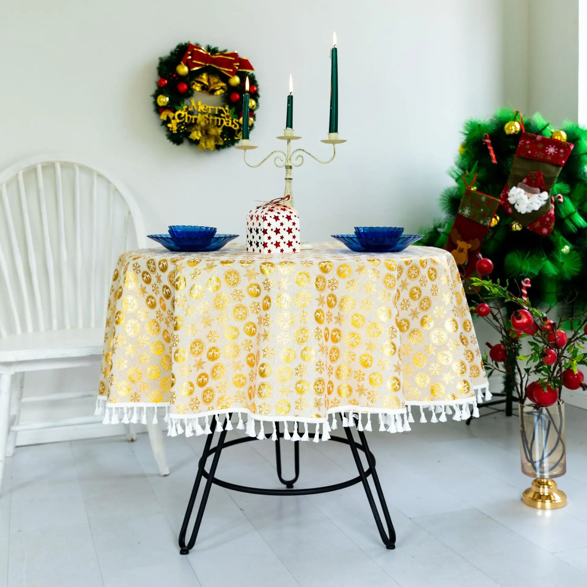 

Cotton-Linen Tassel Round Table Cloth Decorated Circular Pattern Oil-proof Table Cover Christmas Home Kitchen Dining Room