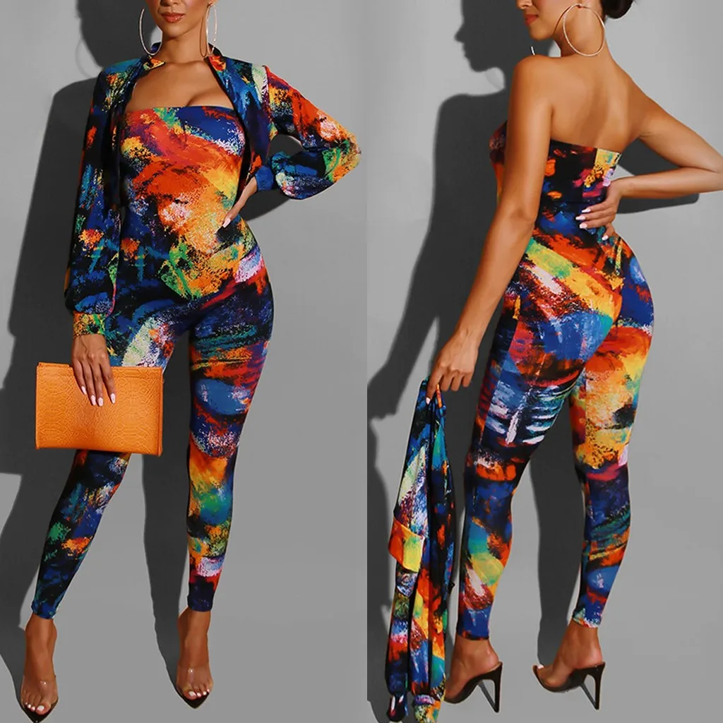 Женский комбинезон с открытыми плечами принтом + пальто длинными рукавами
