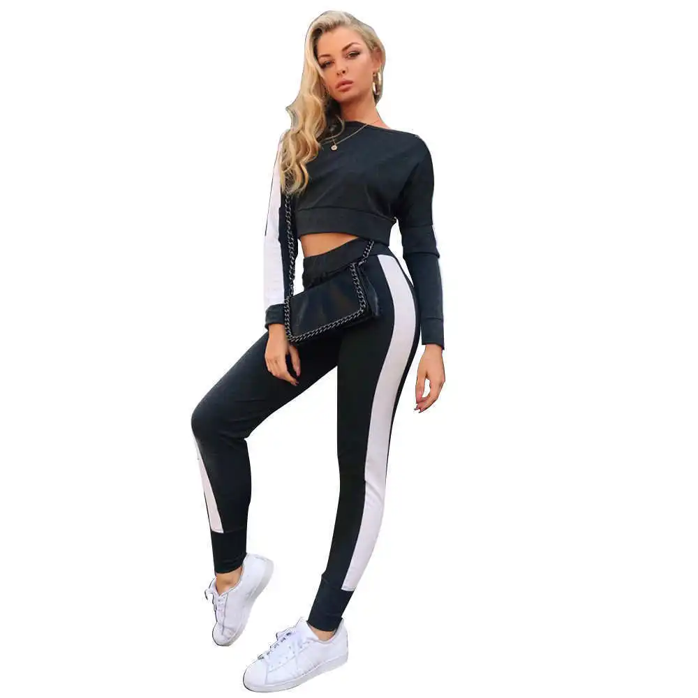 

Donsignet Women's Suit New Fashion Spring and Autumn Round Neck Pullover Solid Color Stripe Printing Sexy Slim 2-piece Suit