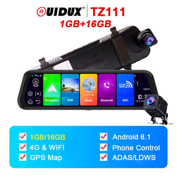 TZ111 QUIDUX 4G ADAS Автомобильный видеорегистратор Камера 1" Android 8,1 поток медиа зеркало заднего вида FHD 1080P WiFi gps видеорегистратор Регистратор Видео Регистратор - Название цвета: TZ111