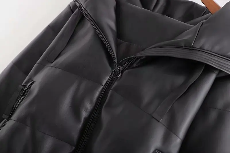 Winter PU Leather Coats Women Faux Leather Pockets Parka Women Elegant Hooded Zipper Coats Female Large Size Thicken Warm Coat