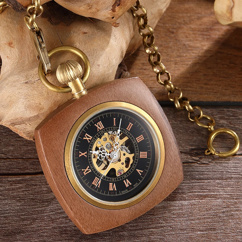 Real Wooden Mechanical Pocket Watch for Men Antique Golden Square Back Case Gold Back Engraved Wood Fob Chain Clock Dropshipping