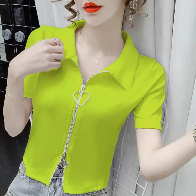 

Zipper design niche T-shirt women's fashion ins2021 summer new slim high waist short half sleeve top