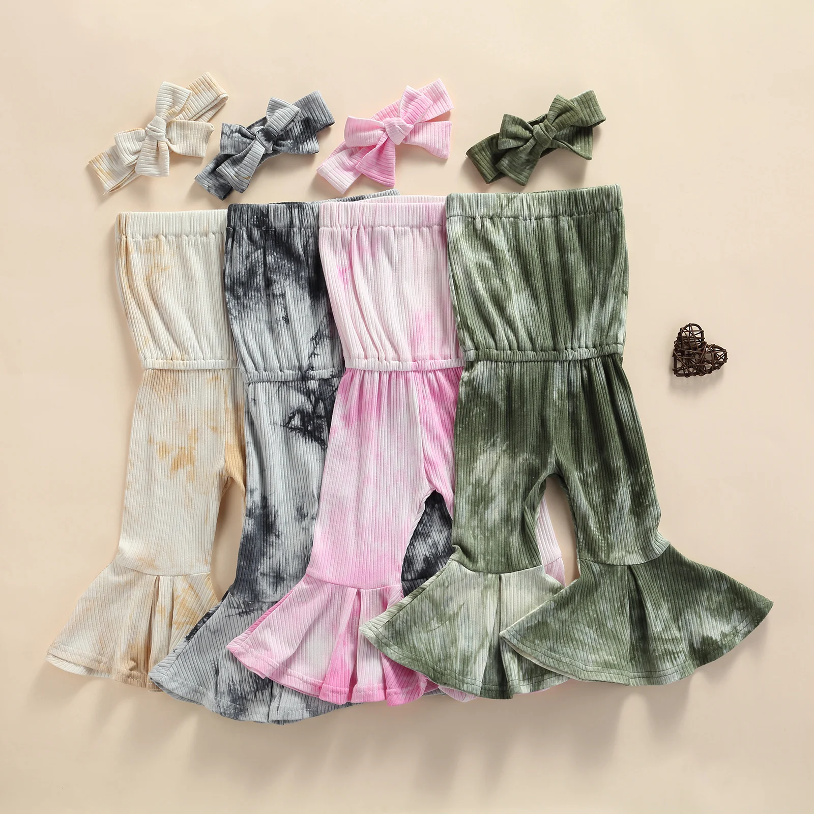 

4 Colors Fashion Summer Baby Girls Jumpsuits Headband 2pcs Tie-Dye Printed Off Shoulder Strap Elastic Flare Rompers
