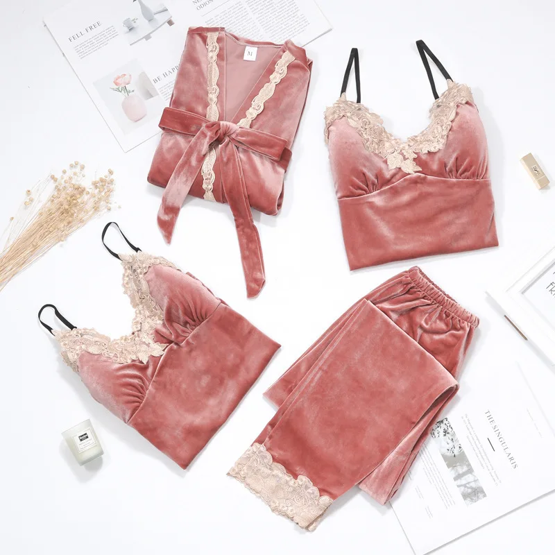 

SLPBELY 4Pcs Robe Set Women Pajamas Pleuche Lace Winter Autumn Sexy Long Sleeve Female Nightwear Sleepwear Home Wear Suit