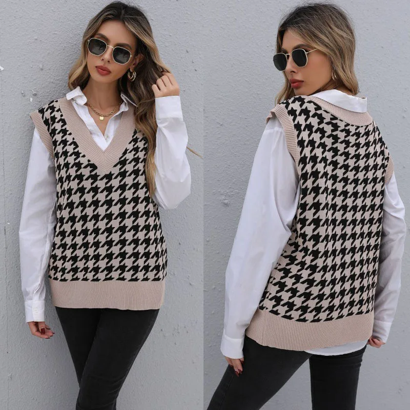 

Autumn 2021 Casual Outer Waistcoat Vest Women Houndstooth V-neck Loose Knitted Sweater Vest Women Sleeveless Sweaters