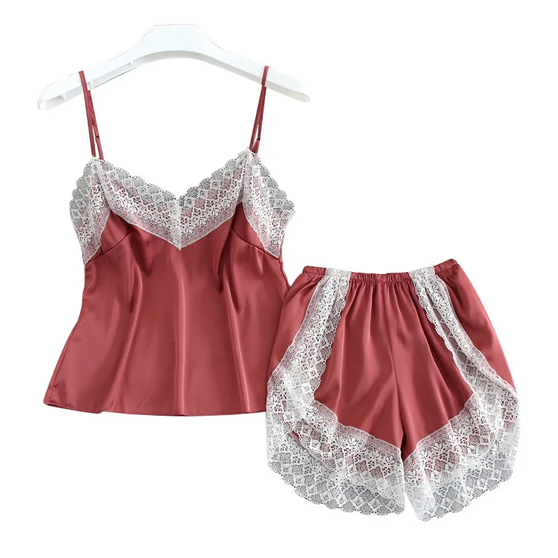 Пижама женская на тонких бретельках кружевная Сексуальная атласная пижама топ
