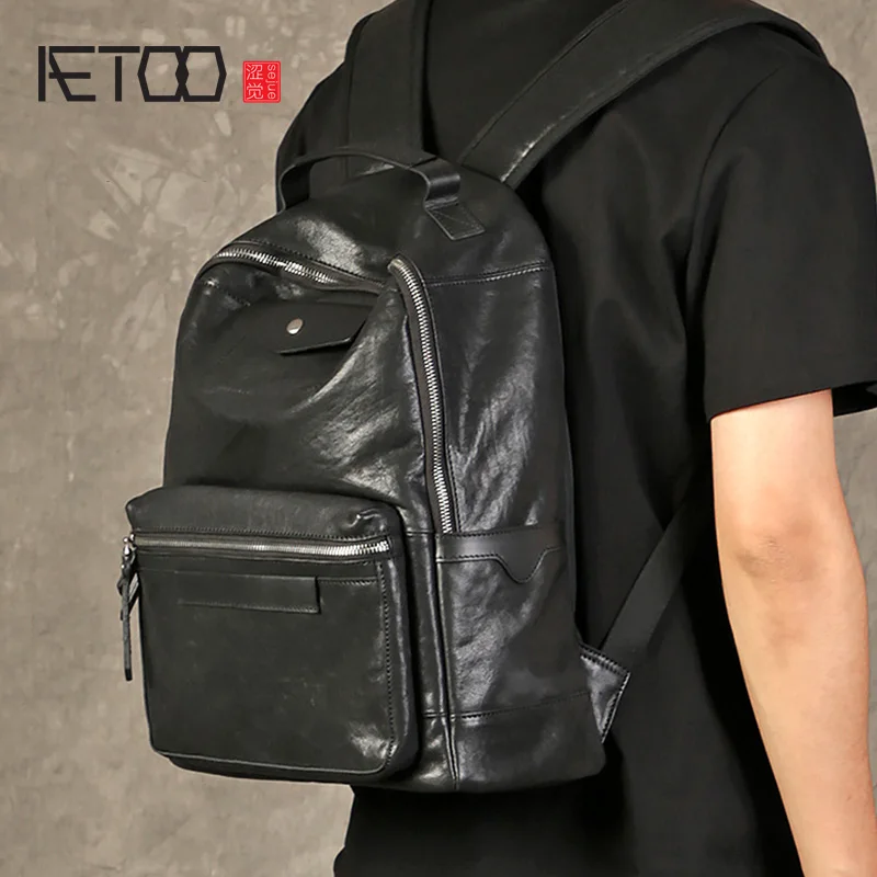 Мужской кожаный рюкзак AETOO повседневная школьная сумка с верхним слоем модная