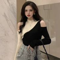 2021 womens fall new half high neck long sleeve off the shoulder sweater contrast color slim fit short bottoming shirt top tren
