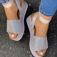 2021 summer flat shining ankle strap dewy toe women shoes sandal sponge base platform height with the roman sandals color female