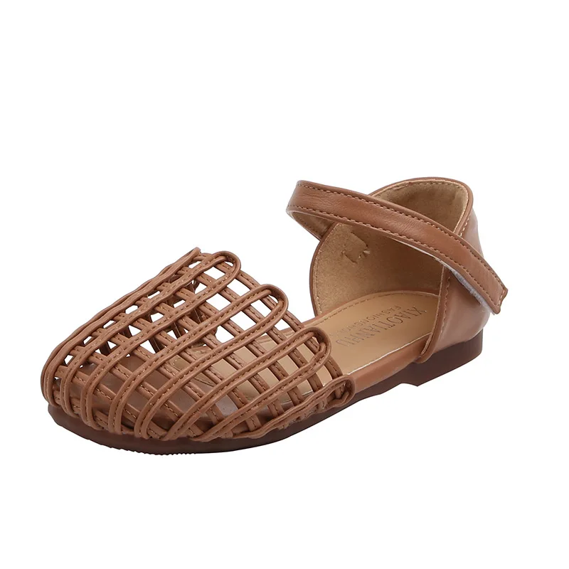 

2021 Summer Pure Color Children's Retro Woven Sandals Baotou Flat Hollow Breathable Girls Princess Shoes Casual Beach Sandals