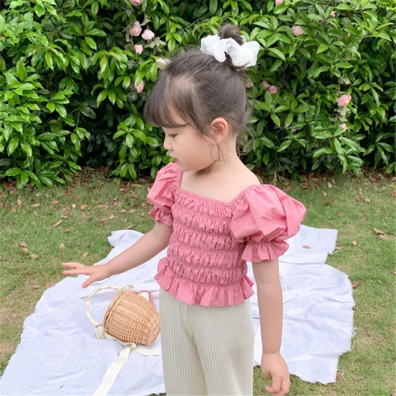 

Summer Korean Style Puff Sleeve Baby Girls Princess Blouses 2020 New Pure Color Cute Toddlers Kids Tops Children Pleated Shirts