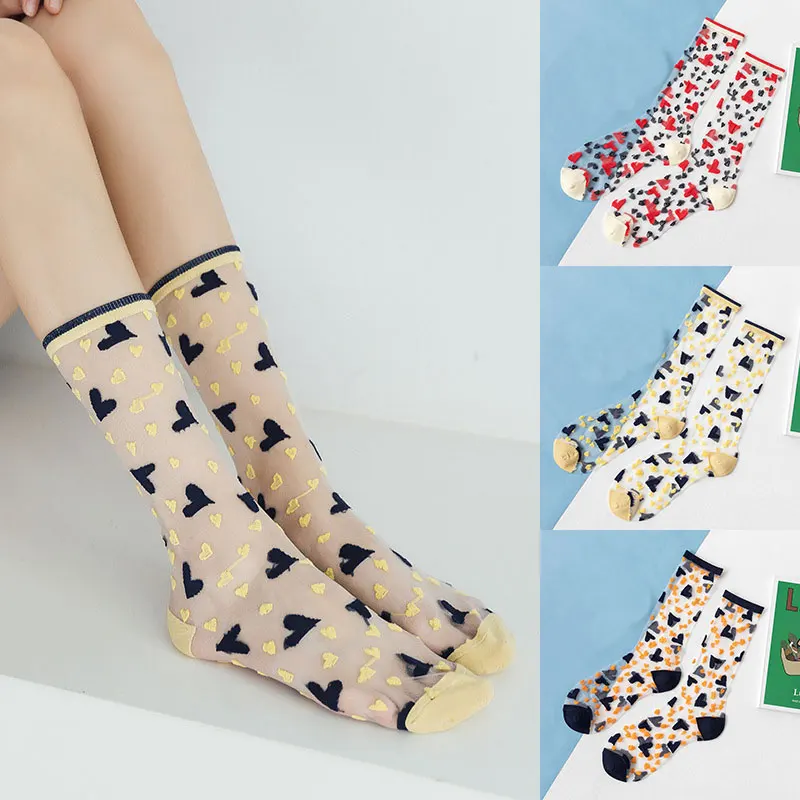 

2021 New Women Fashion Heart Pattern Ultra Thin Glass Silk Socks Summer Lady Transparent Breathable Crystal Love Blended Hosiery