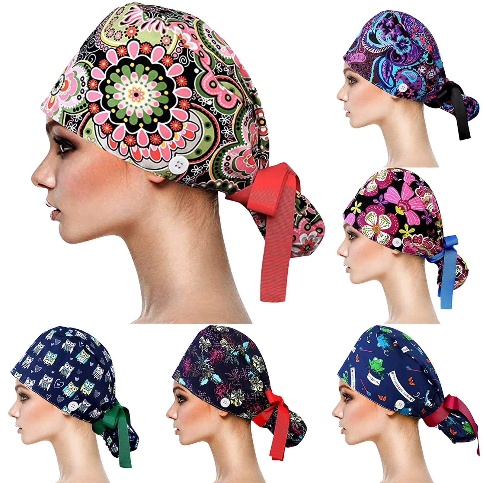 

Skullies & Beanies Vintage Print Cap With Buttons Bouffant Hat With Sweatband For Womens And Mens Multicolor Summer Hat Sombrero