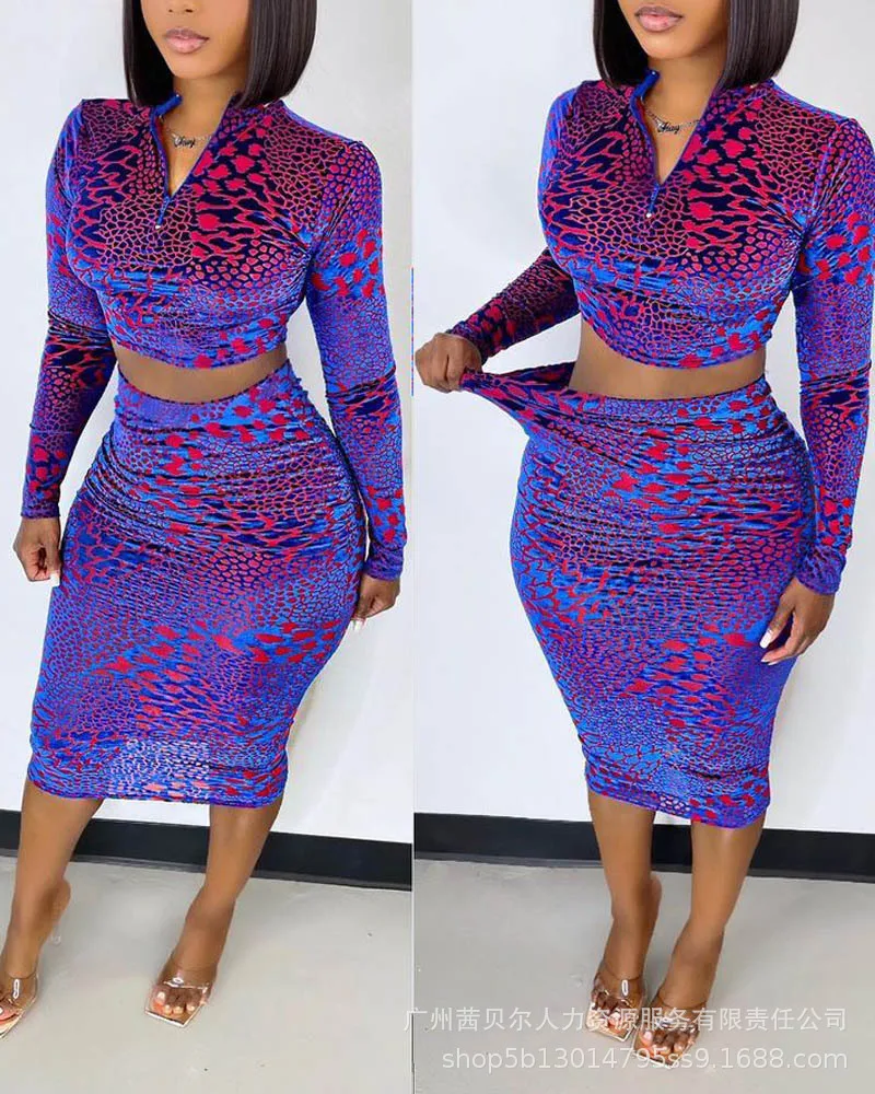 

New style velvet printed blouse + half skirt two-piece suit