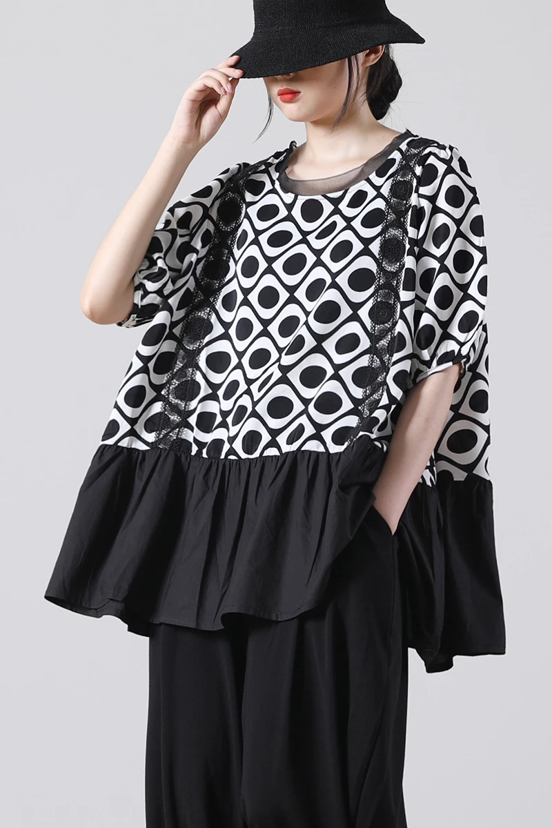 

SuperAen New Summer 2021 Loose Plus Size Lace Ruffles Patchwork Wave Dot O Neck T Shirt Women Tops