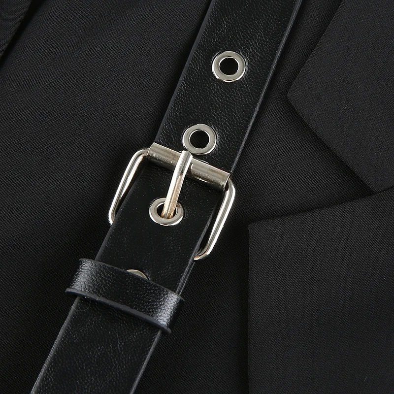 

Gothic Black Chain Cropped Jacket Fall 2020 Women Long Sleeve PU Belt Buckle Coats and Jackets Blouson Femme Abrigos Para Mujer