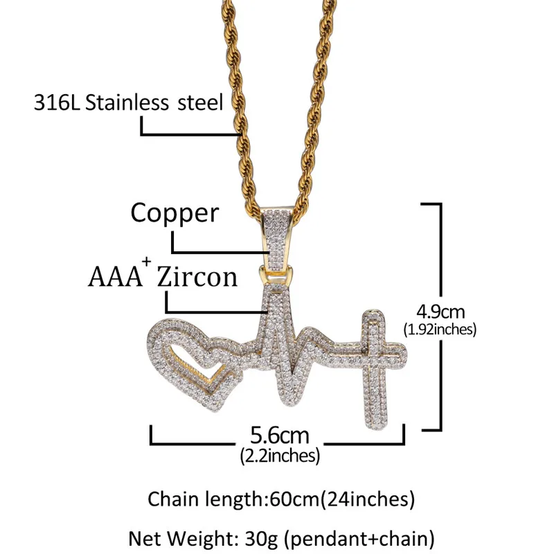 

Hot Sale Iced Out ECG Pendant Pave Clear Cubic Zircon Necklace New Hip Hop Jewelry Charm Heartbeat Pendants Men Women Gift