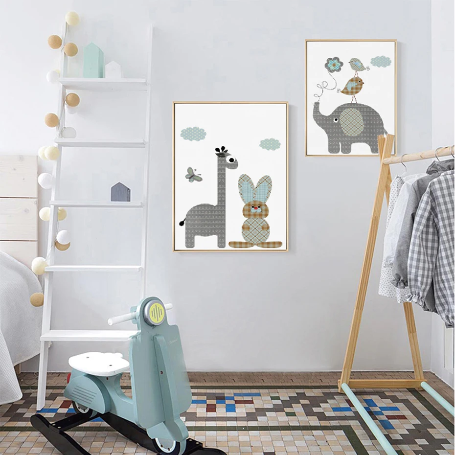 Картина на стену в скандинавском стиле с изображением жирафа кролика слона | Дом