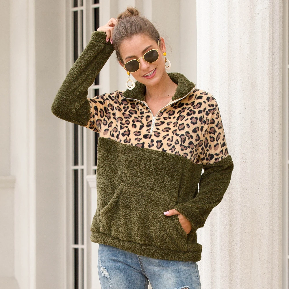 

Women Casual Leopard Printed Coral Fleece Pullover Sweatshirt Women Zipper Warm Solid Long Sleeve Hoodies 2019 Casual Loose Coat