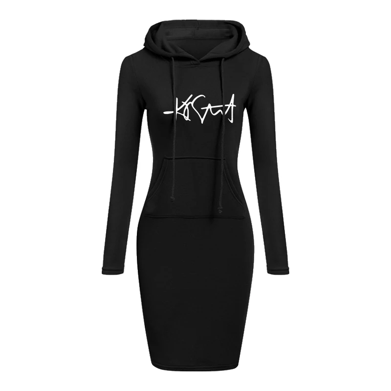 

Hot Spring Autumn Fashion New Casual Hooded Dress Printed Streetwear Knee-Length Solid Color Sportswear For Women Pullover Dress