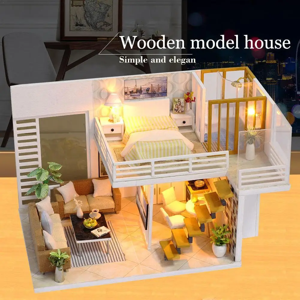 

Деревянный кукольный домик «сделай сам», миниатюрный кукольный домик, комплект мебели, светодиодные игрушки для детей, подарок на день рожд...