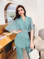 summer hot fashion blazer suits two pieces petal sleeve jacket outwear with pants ladies double breasted blazer coat set