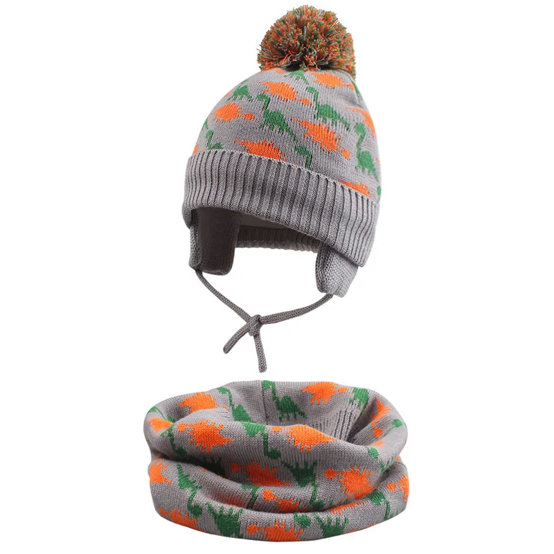 Dinosaur Baby Beanie Scarf Hat Set Toddler Boy Girl Winter Spring Earflap Cap Thick Lining Warm with Neckerchief Elastic | Детская