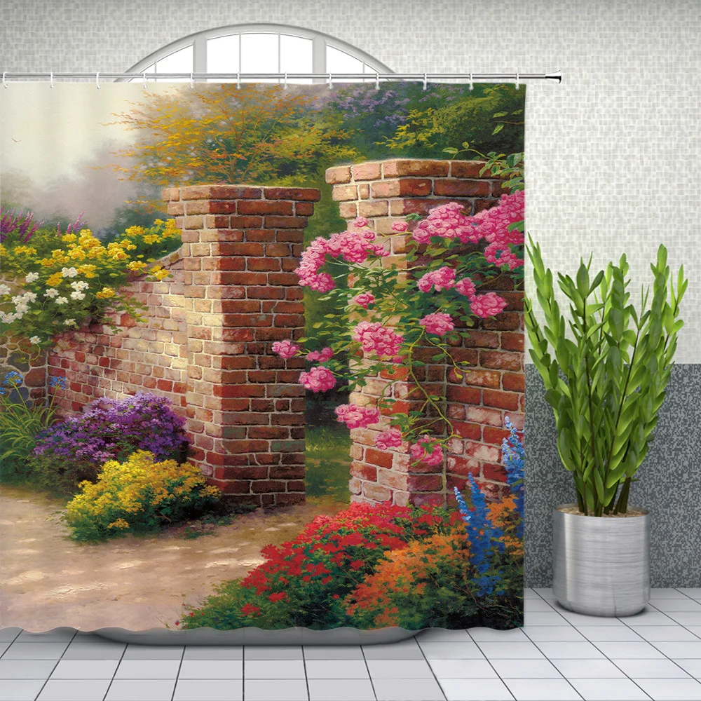retro oil painting courtyard landscape shower curtains garden house bathroom decor waterproof polyester fabric curtain set free global shipping