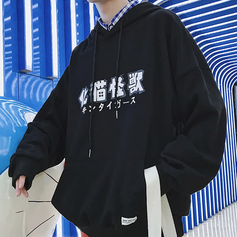 

Kpop Long Sleeve Cartoon Print Man's Hoodies Spring Black Harajuku Hooded Pocket Male Sweatshirts 2021 Fashion Men's Pullovers