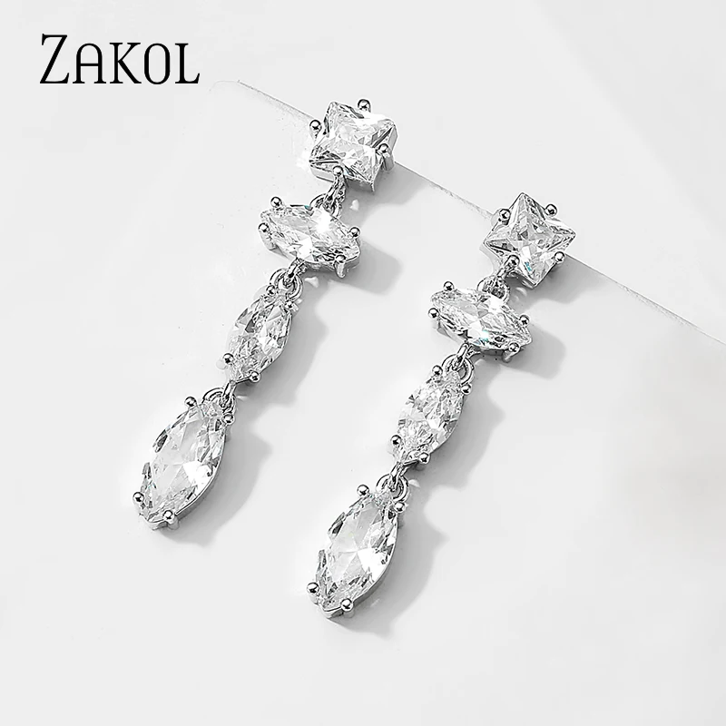 ZAKOL Изысканный свадебный дизайн Маркиза резка длинные висячие серьги фианиты
