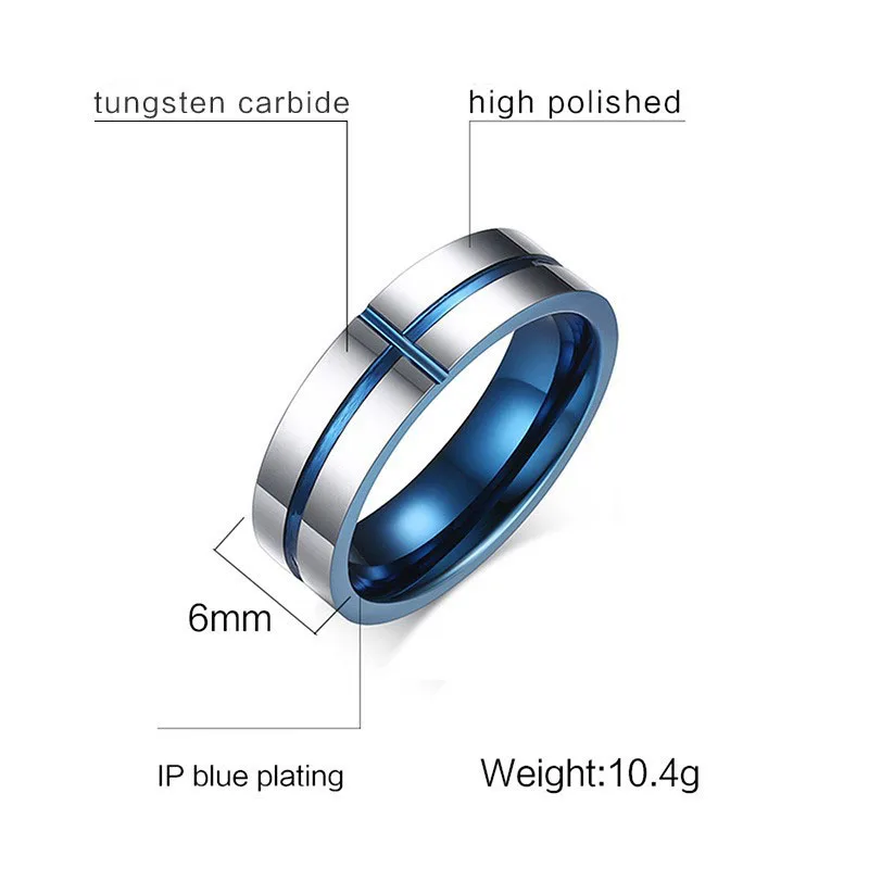 6MM Tungsten Carbide Ring for Men Blue Cross Line Groove Wedding Band High Polished Size 7-12
