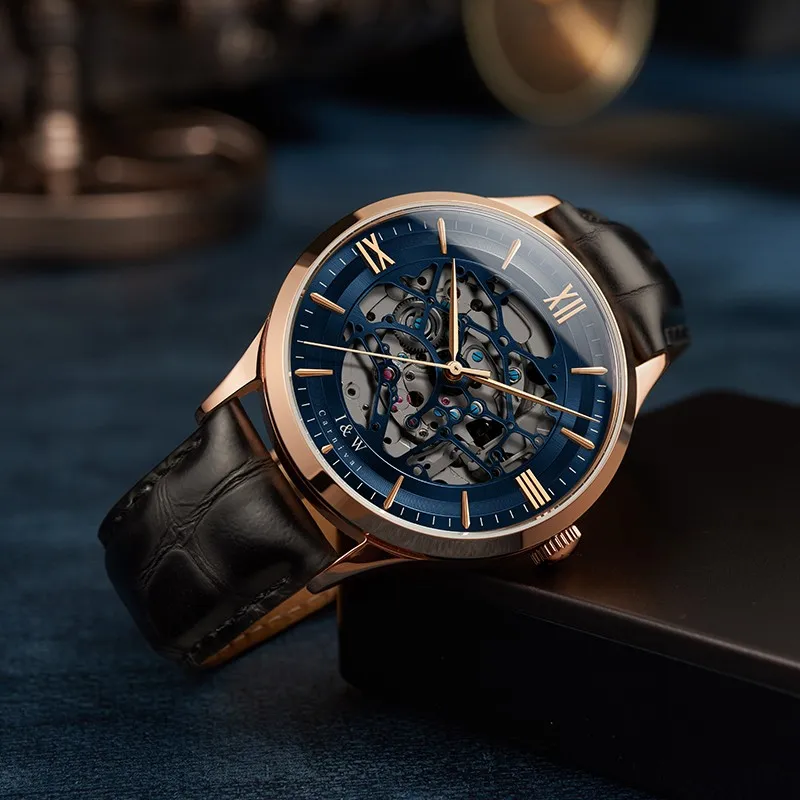 Фото Blue Skeleton Watch for Men Luxury Brand I&W Rose Gold Case Automatic Watch Sapphire Leather Strap Men Mechanical Wristwatches №4